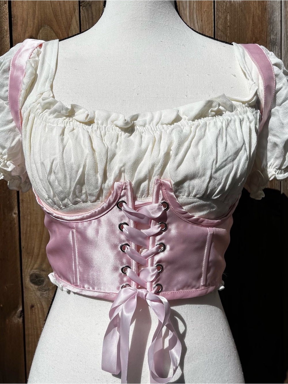 Dolls Kill Sugar Thrillz Cute Cottagecore  Pink Satin Lace-Up Corset Crop